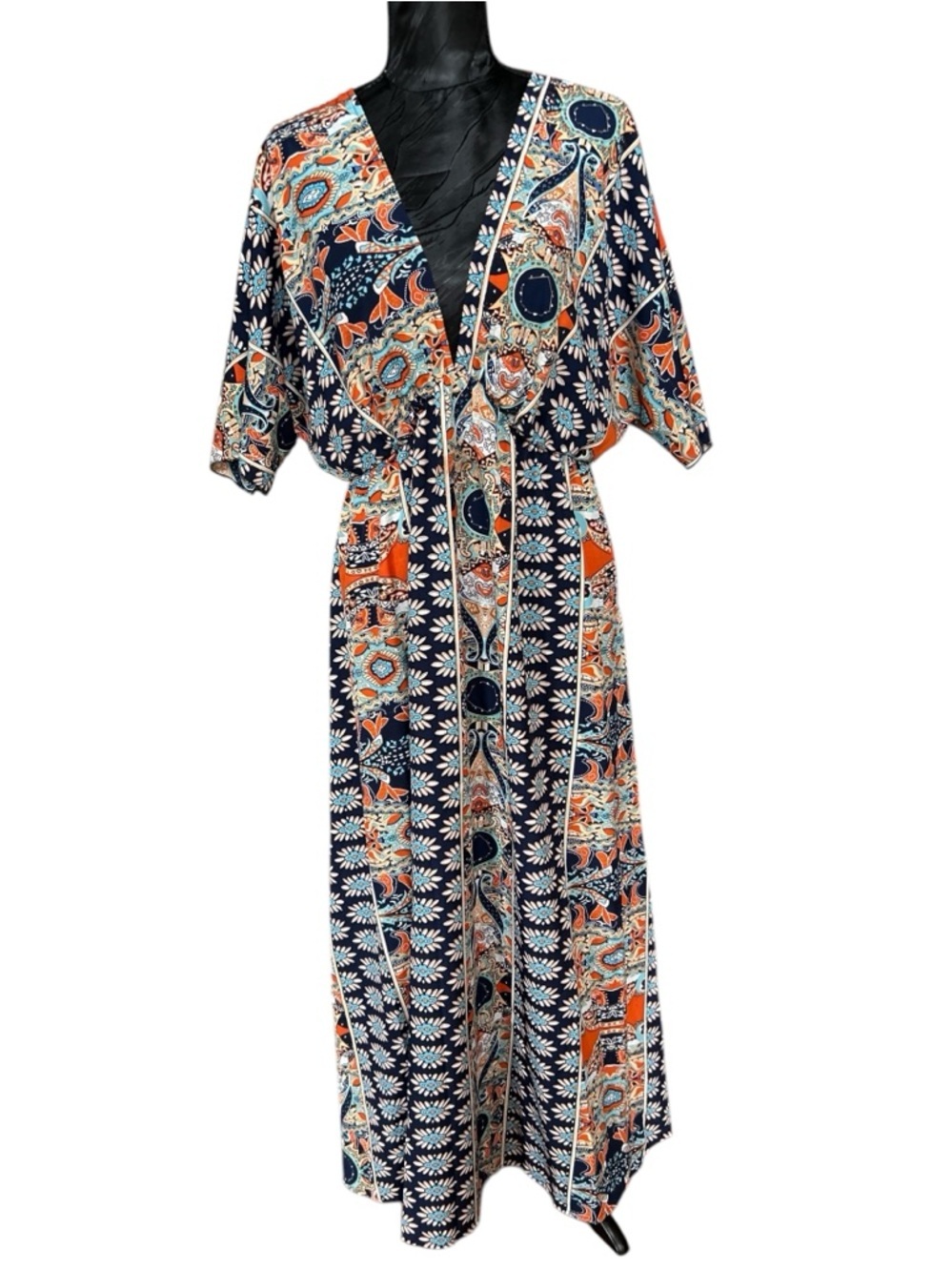 Boho Maxi Dress 1XL Blue Orange Paisley Floral Elastic Waist Flowy
